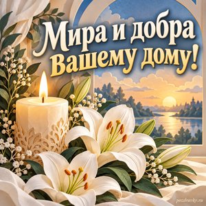Празднование иконы Божией Матери «Державная» — открытка «Мира и добра вашему дому!» с горящей свечой и белыми лилиями