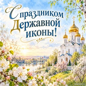 Празднование иконы Божией Матери «Державная» — открытка «С праздником Державной иконы!» с белым храмом среди ранневесенних деревьев