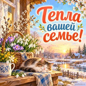 Празднование иконы Божией Матери «Державная» — открытка «Тепла вашей семье!» с уютным домом и первыми цветами