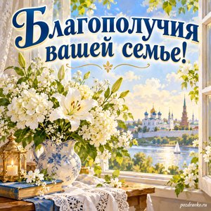 Празднование Казанской иконы Божией Матери — открытка «Благополучия вашей семье!» с белыми цветами у открытого окна