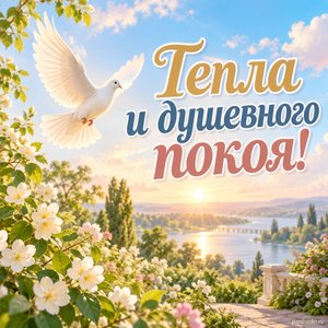 Празднование Казанской иконы Божией Матери — открытка «Тепла и душевного покоя!» с голубем над зелёным садом