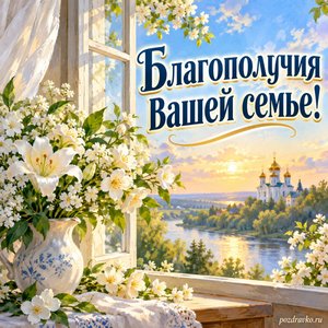 Празднование Владимирской иконы Божией Матери — открытка «Благополучия вашей семье!» с белыми цветами у открытого окна
