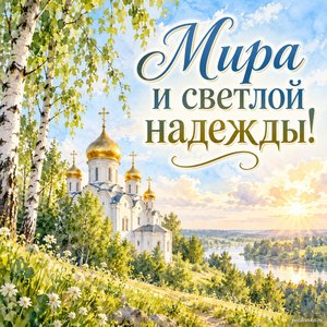 Празднование Владимирской иконы Божией Матери — открытка «Мира и светлой надежды!» с белым храмом среди зелёных берёз