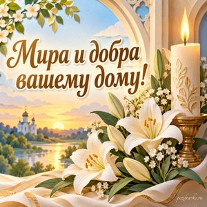 Празднование Владимирской иконы Божией Матери — открытка «Мира и добра вашему дому!» с свечой и букетом белых лилий