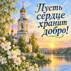 Празднование Владимирской иконы Божией Матери — открытка «Пусть сердце хранит добро!» с колокольней над тихой рекой