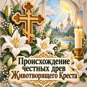 Происхождение честных древ Животворящего Креста Господня — открытка «Происхождение честных древ Животворящего Креста» с свечой и букетом белых лилий