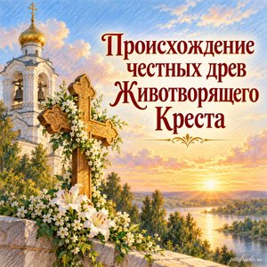 Происхождение честных древ Животворящего Креста Господня — открытка «Происхождение честных древ Животворящего Креста» с колокольней над тихой рекой