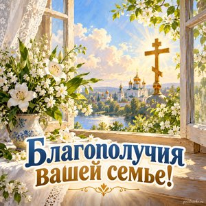 Происхождение честных древ Животворящего Креста Господня — открытка «Благополучия вашей семье!» с белыми цветами у открытого окна