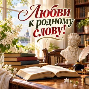 Пушкинский день — День русского языка — открытка «Любви к родному слову!» с уютным читальным залом