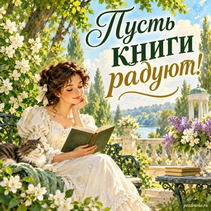 Пушкинский день — День русского языка — открытка «Пусть книги радуют!» с читателем в зелёном саду