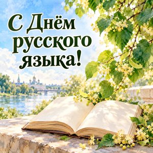 Пушкинский день — День русского языка — открытка «С Днём русского языка!» с книгой без букв и цветущей липой