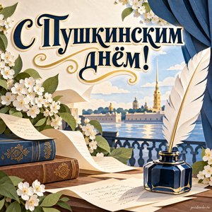 Пушкинский день — День русского языка — открытка «С Пушкинским днём!» с перьевой ручкой и чернильницей