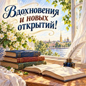 Пушкинский день — День русского языка — открытка «Вдохновения и новых открытий!» с книгами у летнего окна