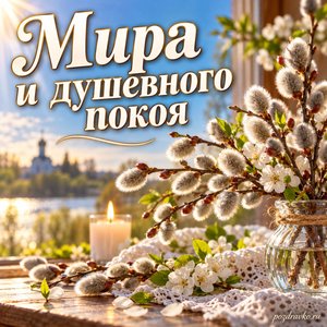 Радоница — открытка «Мира и душевного покоя» с солнечным лучом на веточке вербы