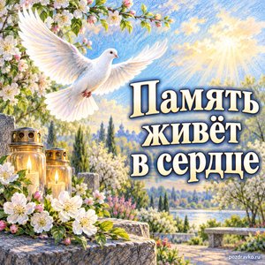 Радоница — открытка «Память живёт в сердце» с белым голубем над спокойным садом