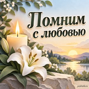 Радоница — открытка «Помним с любовью» с свечой и белой лилией