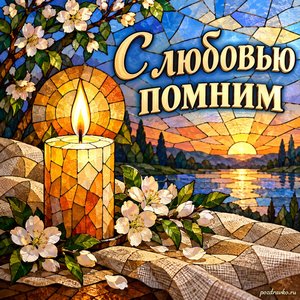 Радоница — открытка «С любовью помним» с свечой на льняной ткани