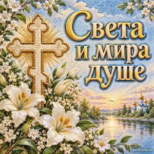 Радоница — открытка «Света и мира душе» с крестом и нежными белыми цветами