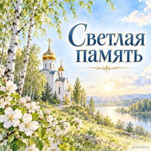 Радоница — открытка «Светлая память» с тихим храмом среди весенних берёз
