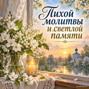 Радоница — открытка «Тихой молитвы и светлой памяти» с белыми цветами у окна
