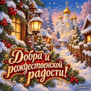 Рождество Христово — открытка «Добра и рождественской радости!» с тихой аллеей к храму и мягким светом
