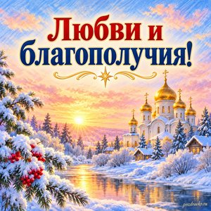 Рождество Христово — открытка «Любви и благополучия!» с золотыми куполами на зимнем рассвете