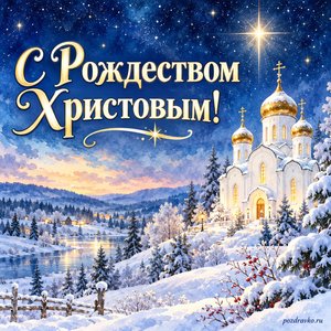 Рождество Христово — открытка «С Рождеством Христовым!» с белым храмом под звёздным зимним небом