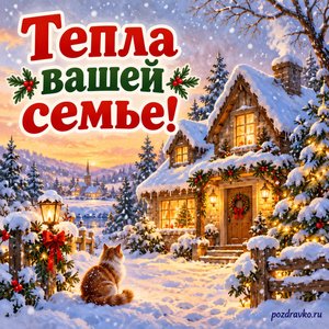 Рождество Христово — открытка «Тепла вашей семье!» с уютным семейным домом и снегопадом