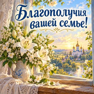 Рождество Пресвятой Богородицы — открытка «Благополучия вашей семье!» с белыми цветами у открытого окна