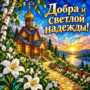 Рождество Пресвятой Богородицы — открытка «Добра и светлой надежды!» с деревянной церковью у золотой дорожки