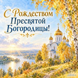 Рождество Пресвятой Богородицы — открытка «С Рождеством Пресвятой Богородицы!» с белым храмом среди золотых берёз