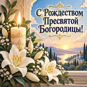 Рождество Пресвятой Богородицы — открытка «С Рождеством Пресвятой Богородицы!» с свечой и букетом белых лилий