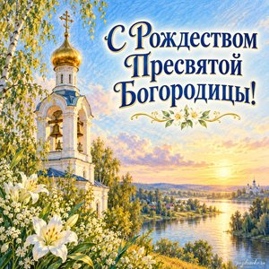 Рождество Пресвятой Богородицы — открытка «С Рождеством Пресвятой Богородицы!» с колокольней над тихой рекой