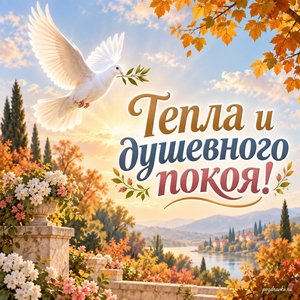 Рождество Пресвятой Богородицы — открытка «Тепла и душевного покоя!» с голубем над осенним садом