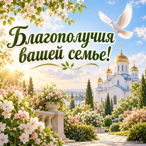 Собор Архангела Гавриила — открытка «Благополучия вашей семье!» с голубем над зелёным садом