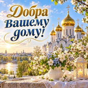 Собор Архангела Гавриила — открытка «Добра вашему дому!» с золотыми куполами в мягком весеннем свете