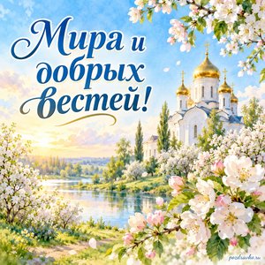 Собор Архангела Гавриила — открытка «Мира и добрых вестей!» с белым храмом среди цветущих яблонь
