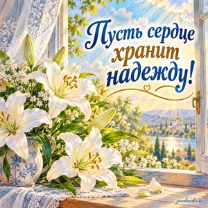Собор Архангела Гавриила — открытка «Пусть сердце хранит надежду!» с белыми лилиями у открытого окна