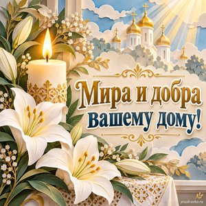 Собор Архистратига Михаила и прочих Небесных Сил бесплотных — открытка «Мира и добра вашему дому!» с горящей свечой и белыми лилиями