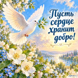 Собор Архистратига Михаила и прочих Небесных Сил бесплотных — открытка «Пусть сердце хранит добро!» с белым голубем и нежными цветами