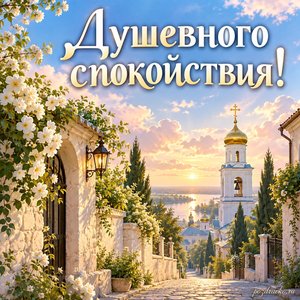 Собор Архистратига Михаила и прочих Небесных Сил бесплотных — открытка «Душевного спокойствия!» с тихой аллеей к колокольне