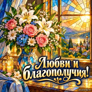 Собор Архистратига Михаила и прочих Небесных Сил бесплотных — открытка «Любви и благополучия!» с букетом у освещённого окна