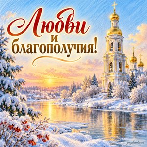 Собор трех святителей — открытка «Любви и благополучия!» с золотой колокольней над зимней рекой