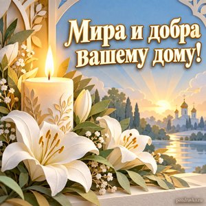 Собор трех святителей — открытка «Мира и добра вашему дому!» с горящей свечой и белыми лилиями