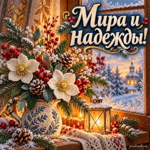 Собор трех святителей — открытка «Мира и надежды!» с зимним букетом у освещённого окна