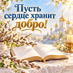 Собор трех святителей — открытка «Пусть сердце хранит добро!» с раскрытой книгой без букв и веточками вербы
