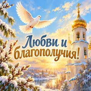 Сретение Господне — открытка «Любви и благополучия!» с белым голубем над солнечной колокольней