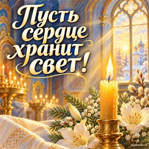 Сретение Господне — открытка «Пусть сердце хранит свет!» с освещённым храмовым окном и свечой