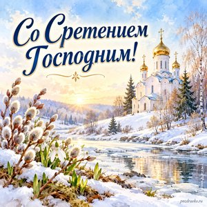 Сретение Господне — открытка «Со Сретением Господним!» с белым храмом на границе зимы и весны