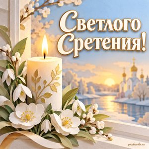 Сретение Господне — открытка «Светлого Сретения!» с горящей свечой и нежными белыми цветами